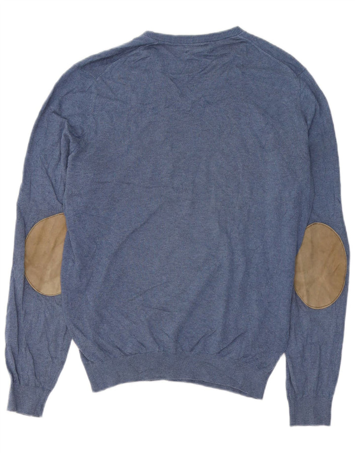 Męski sweter Massimo Dutti z dekoltem w kształcie litery V, średnioniebieski, bawełniany