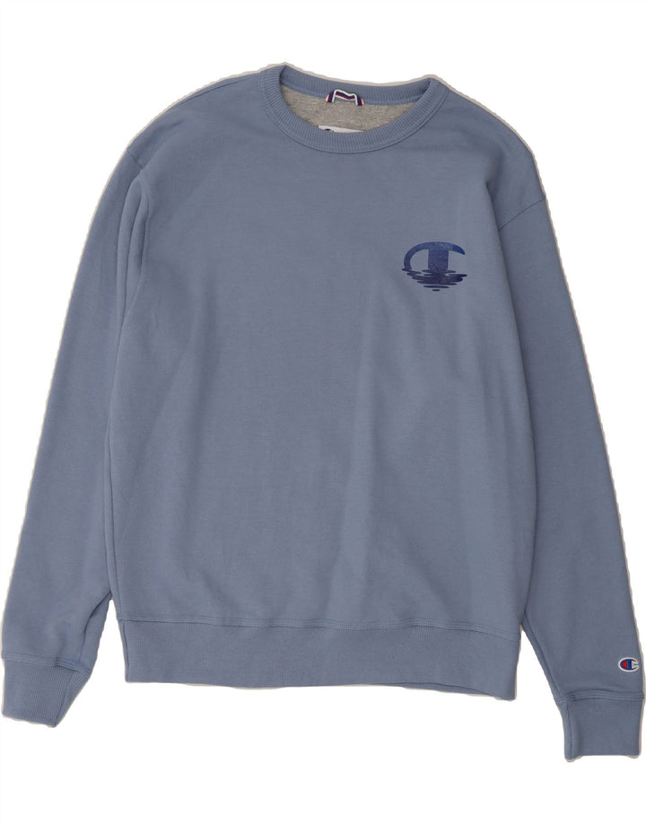 CHAMPION Mens Graphic Sweatshirt Jumper Medium Blue Cotton Vintage Champion and Second-Hand Champion from Messina Hembry 