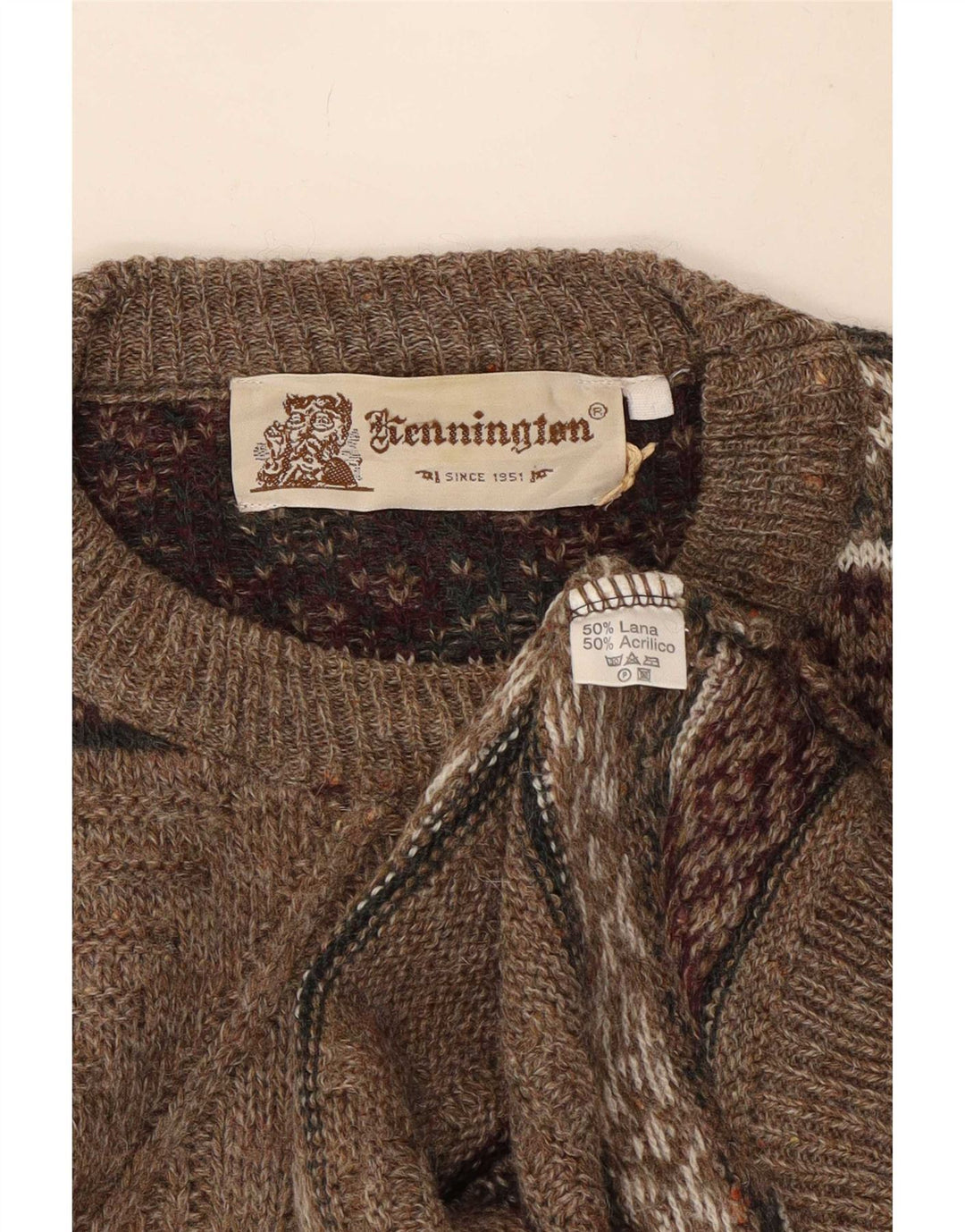 Męski sweter z okrągłym dekoltem Kennington, duży, brązowy, wełna Fair Isle