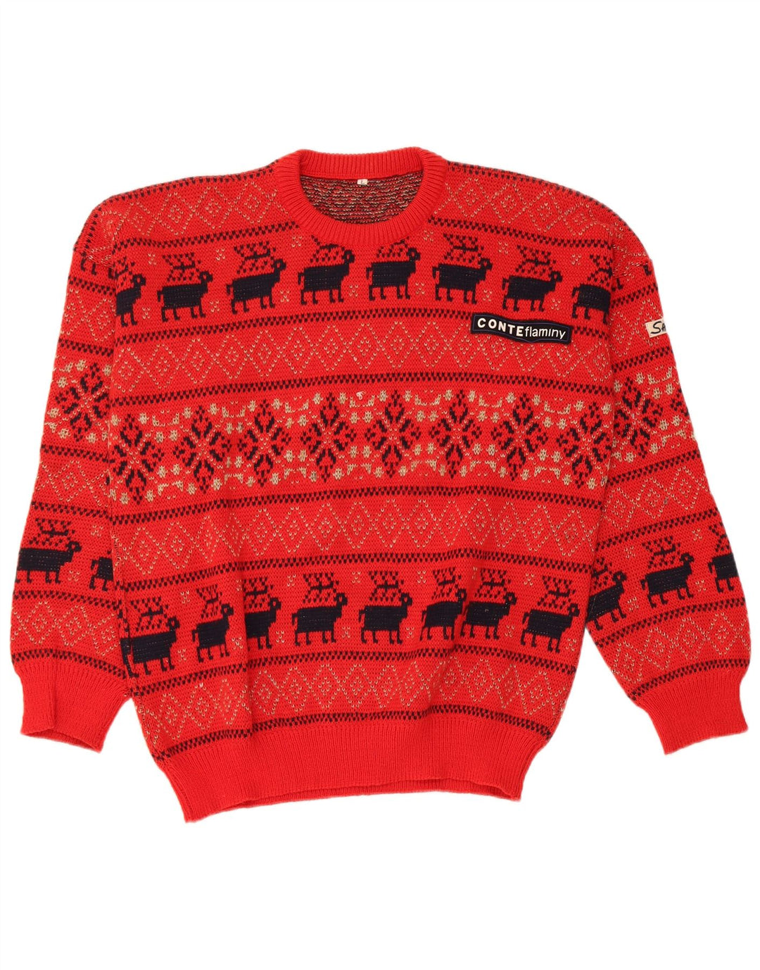 Vintage męski sweter z okrągłym dekoltem, duży, czerwony, wełniany Fair Isle