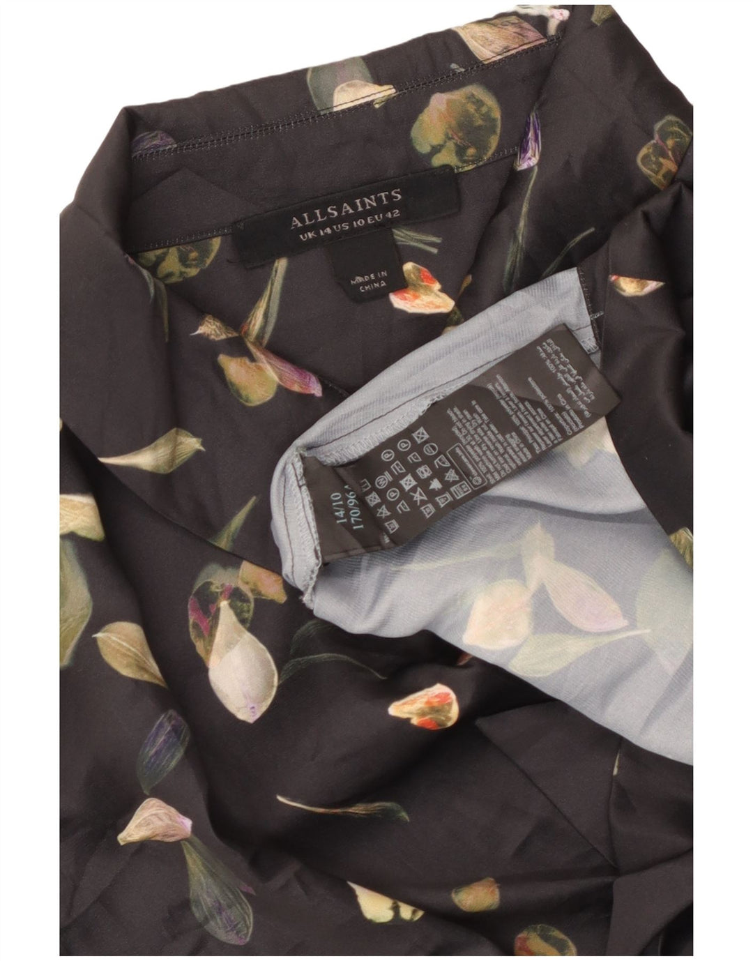 ALL SAINTS Damska bluzka koszulowa z krótkim przodem i wiązaniem UK 14, duża, czarna w kwiaty