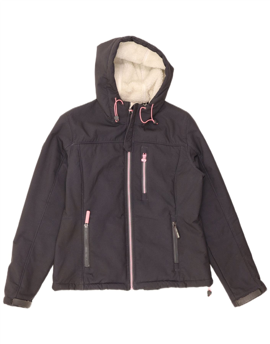 Damska kurtka wiatrówka z kapturem SUPERDRY Windtrekker UK 14, duża, szara