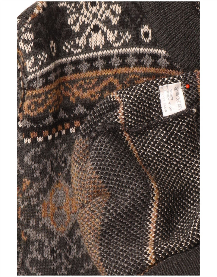 Vintage męski sweter rozpinany, duży, szary, wełniany Fair Isle