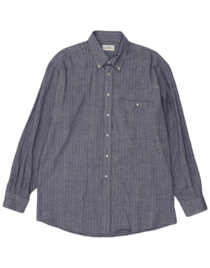 Koszula męska w stylu vintage, rozmiar 45 18 2XL, granatowa, bawełniana w jodełkę