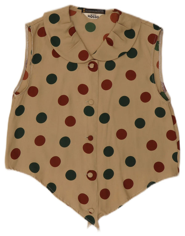 Damska bluzka w stylu vintage bez rękawów, krótka, UK 10, średnia khaki w kropki