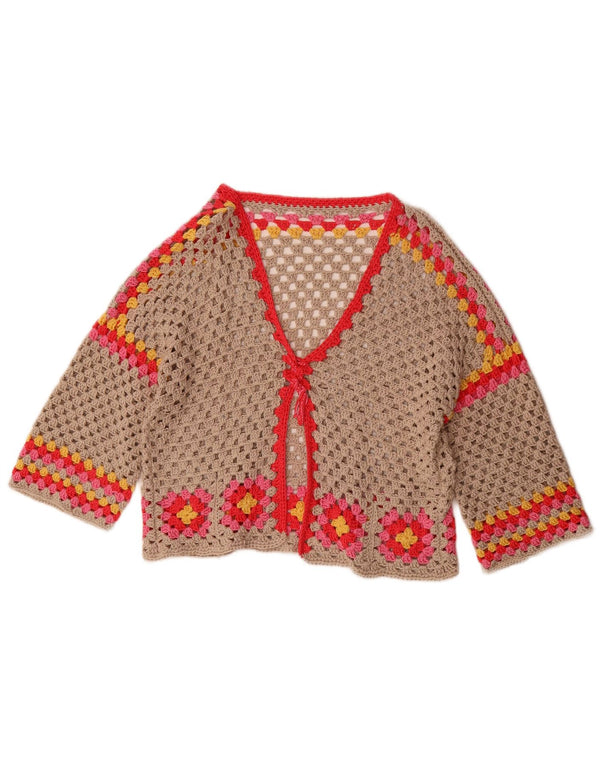 Vintage damski sweter szydełkowy z rękawem 3/4 UK 16, duży, szary, kwiatowy