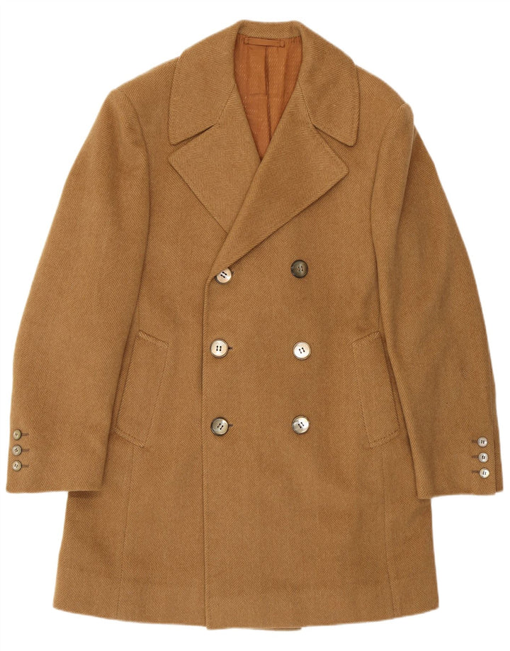 Vintage męski płaszcz dwurzędowy UK 34 XS beżowy w jodełkę