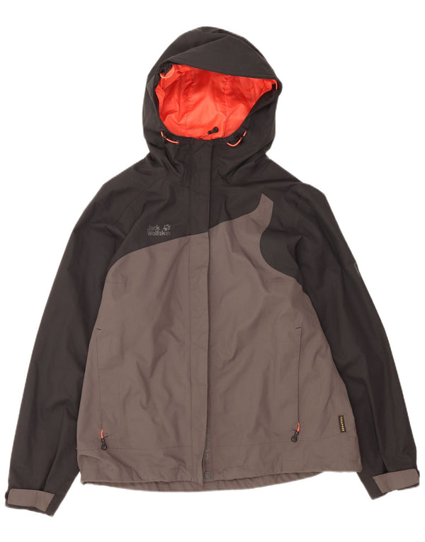Damska kurtka przeciwdeszczowa z kapturem Jack Wolfskin UK 18/20 XL, szary, blok kolorów