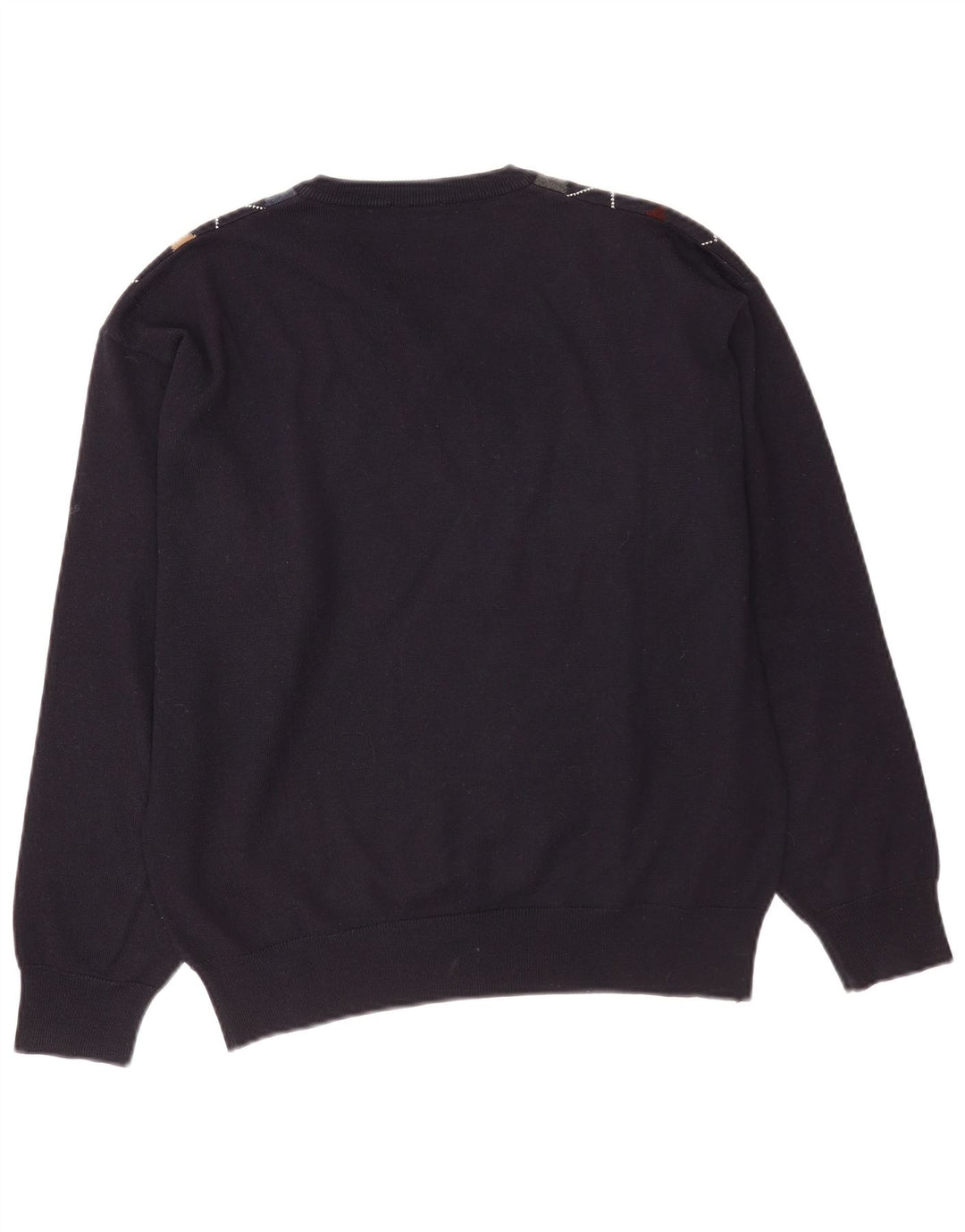 Vintage męski sweter z dekoltem w kształcie litery V, średni granatowy Argyle/diamentowa wełna