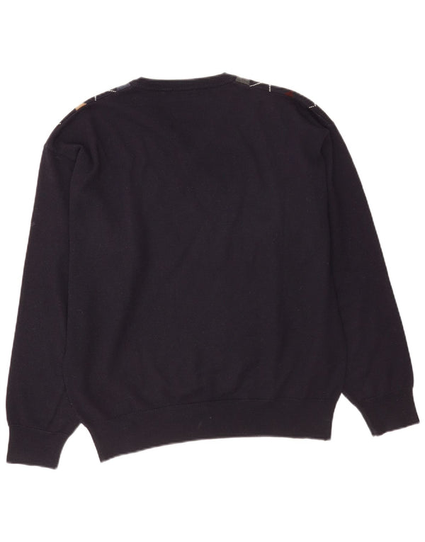 Vintage męski sweter z dekoltem w kształcie litery V, średni granatowy Argyle/diamentowa wełna