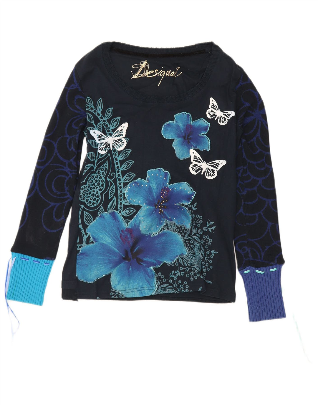 Desigual damski top graficzny z długim rękawem UK 12 średni granatowy motyl