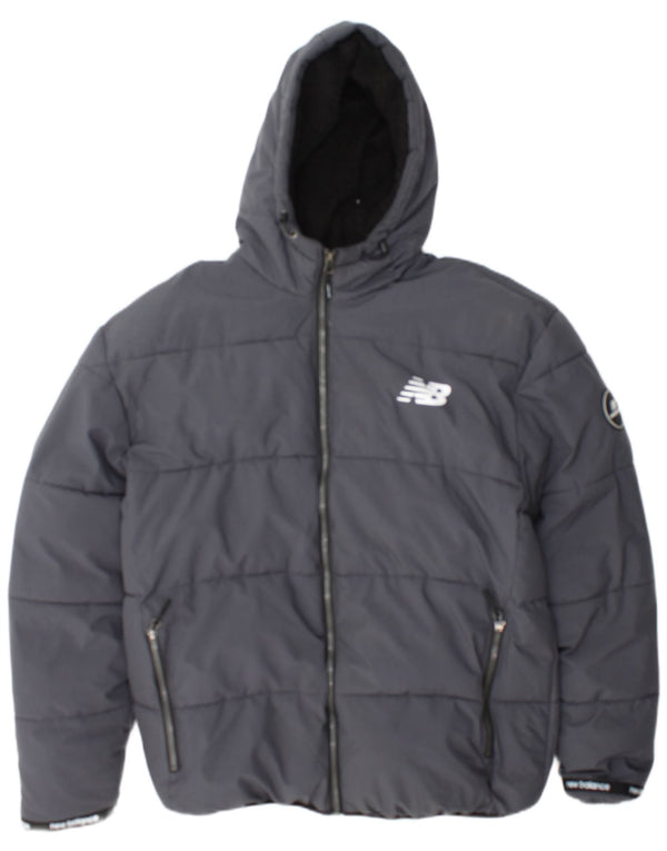 Męska wyściełana kurtka New Balance z kapturem Sherpa UK 40, duży, szary poliester