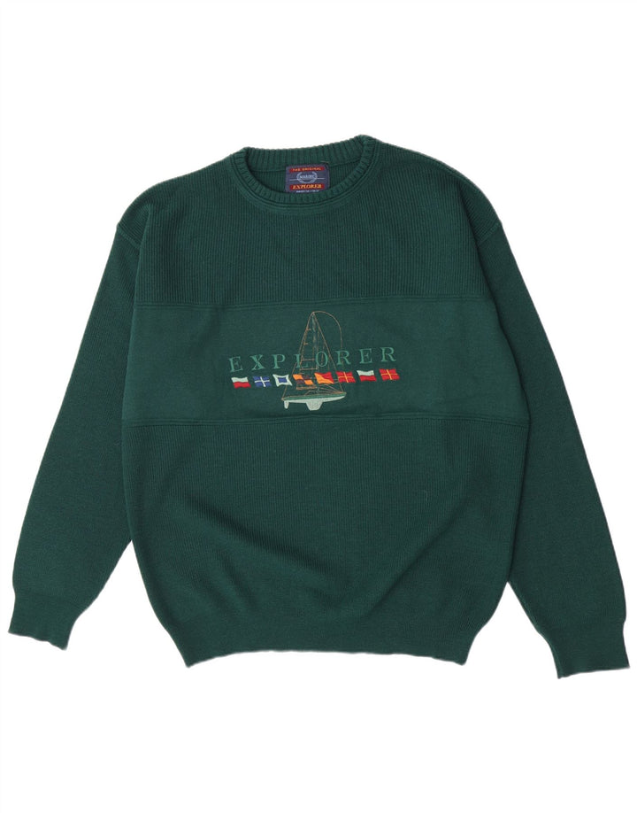 Męski sweter Explorer z graficznym wycięciem pod szyją IT 50 Średnia zielona wełna