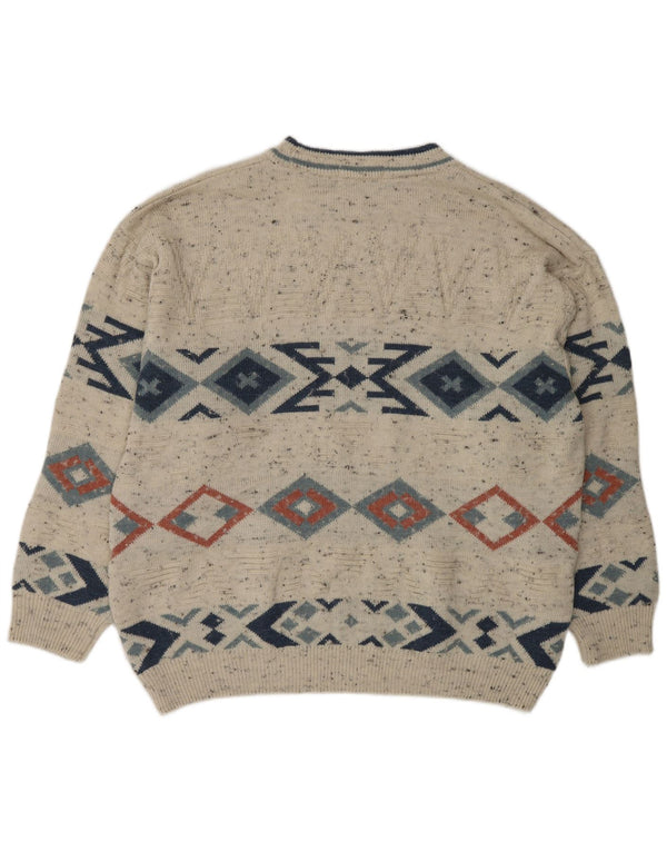 Marks & Spencer Mens Crew Neck Jumper Sweater XL Beige Geometric Acrylic