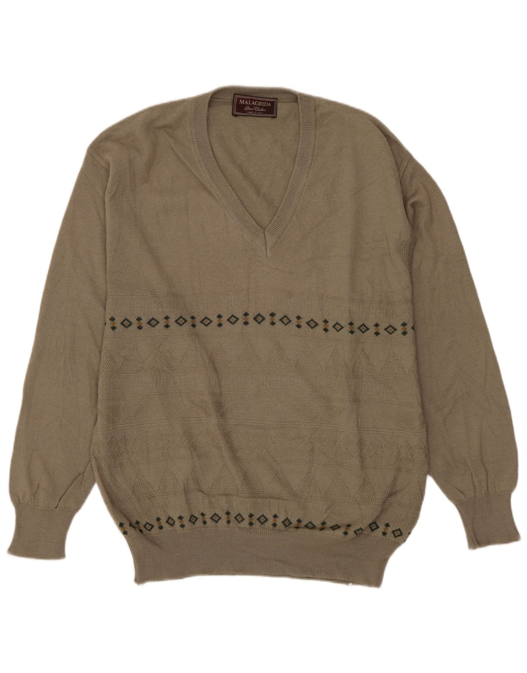 MALAGRIDA Męski sweter z dekoltem w kształcie litery V Średnioszary, geometryczny wełniany