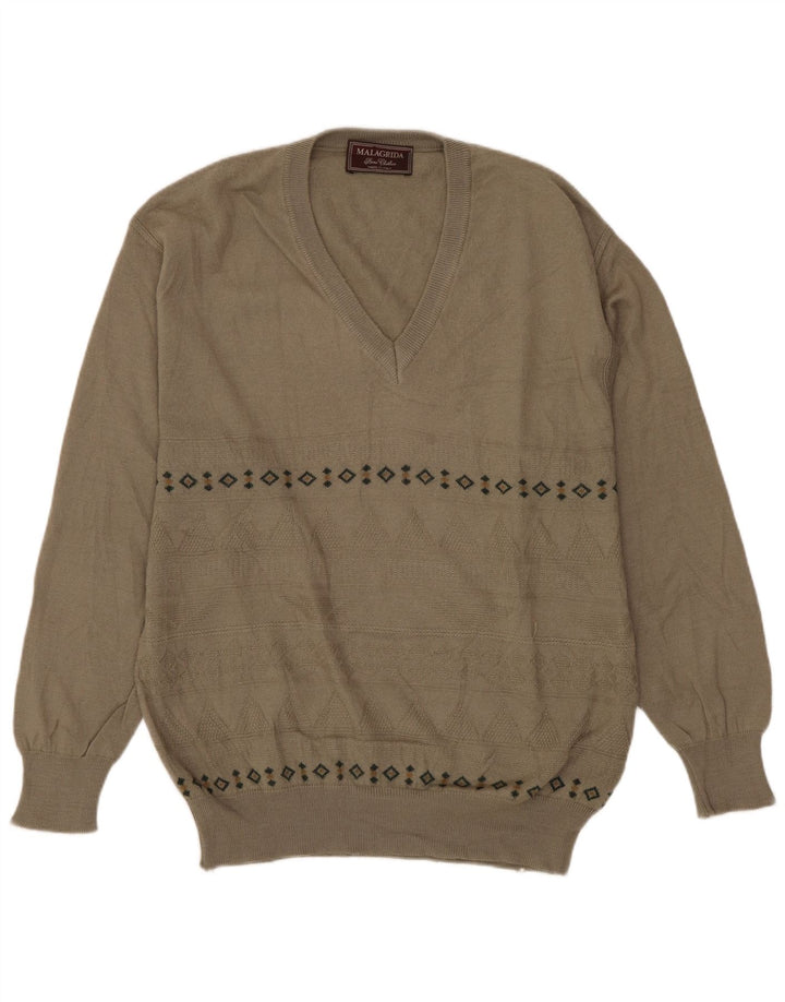 MALAGRIDA Męski sweter z dekoltem w kształcie litery V Średnioszary, geometryczny wełniany