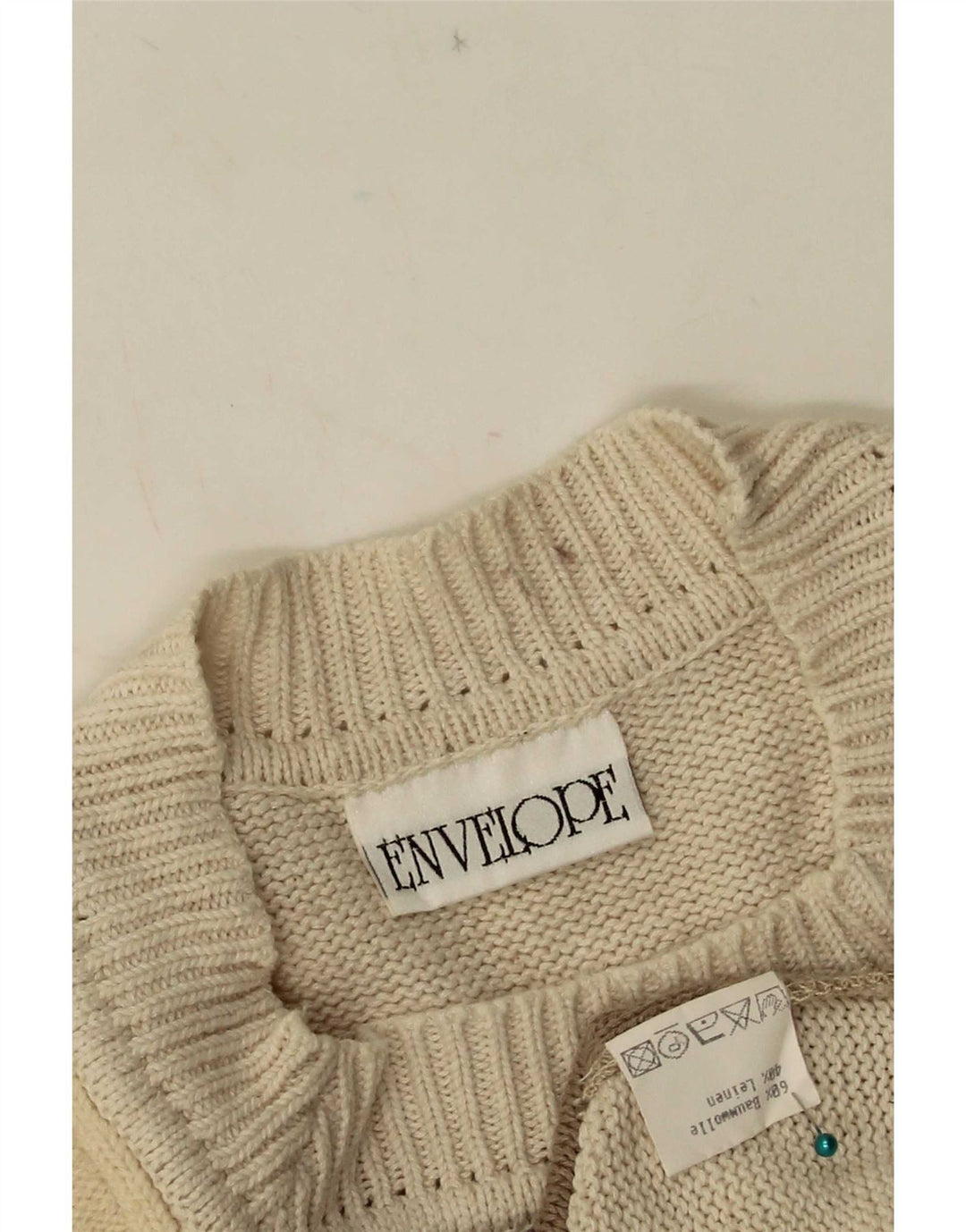 Sweter damski w stylu vintage z okrągłym dekoltem EU 42, duży beżowy patchwork