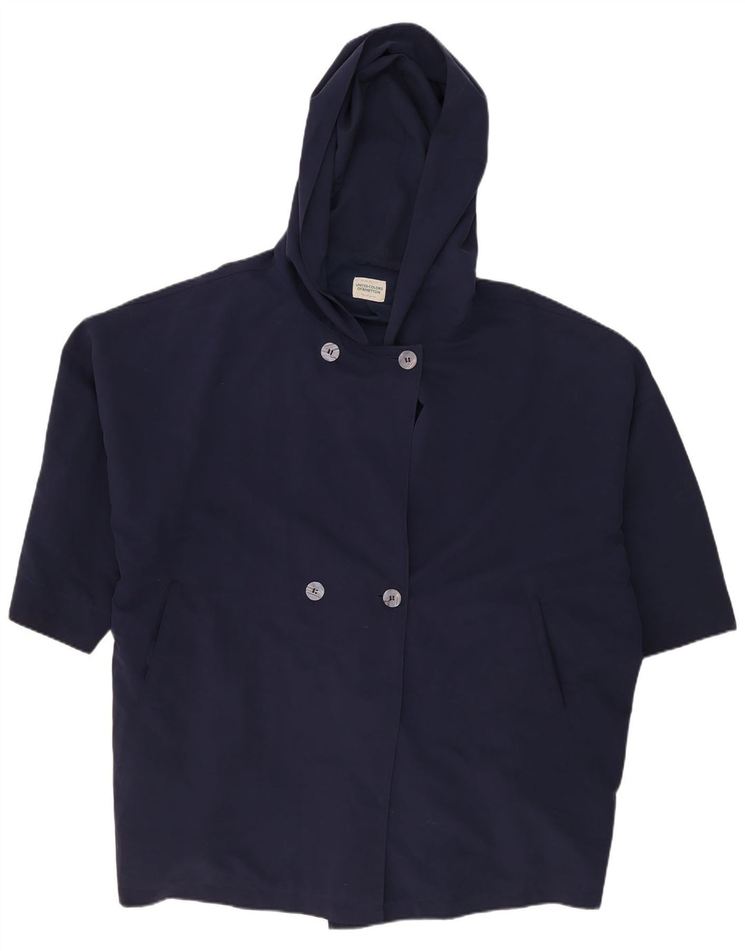 Damski płaszcz z kapturem, oversize, dwurzędowy Benetton UK 18 XL, granatowy