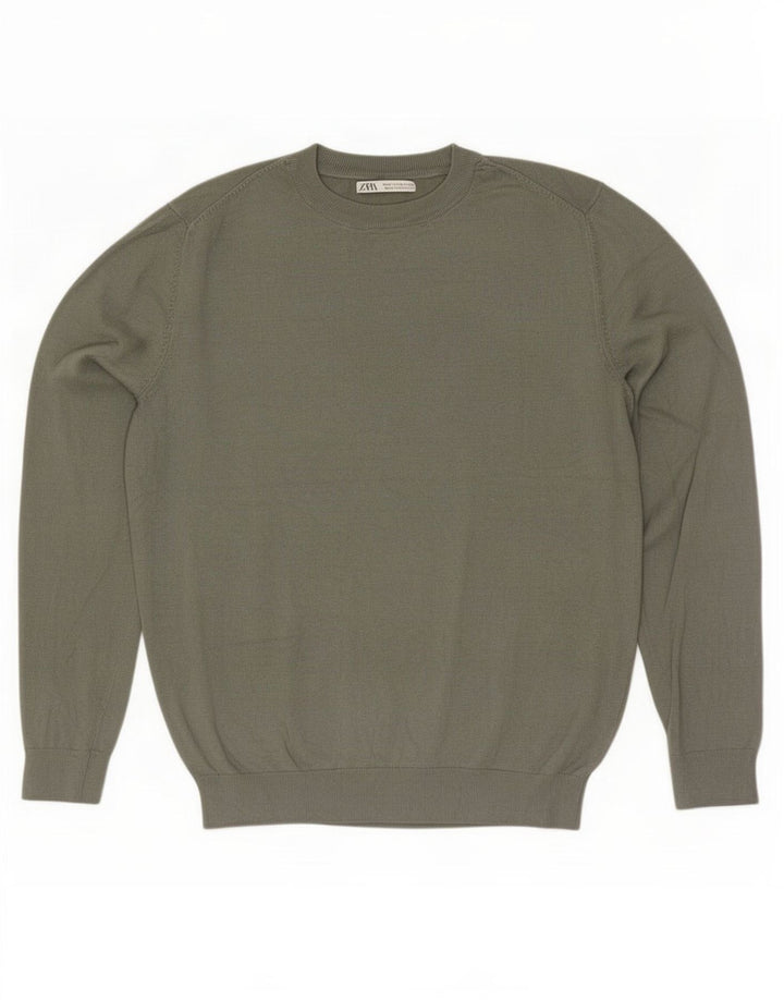 Męski sweter Zara z okrągłym dekoltem, średnia wiskoza khaki