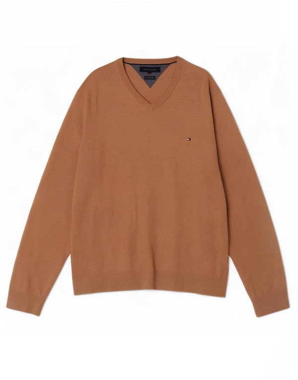 Męski sweter Tommy Hilfiger z dekoltem w kształcie litery V, XL, brązowy, bawełniany
