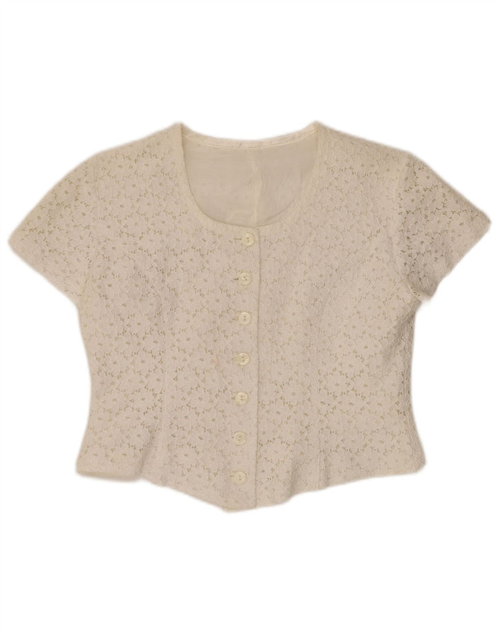 Damska bluzka koszulowa z krótkim rękawem VINTAGE IT 46, duża w kolorze złamanej bieli, w kwiaty