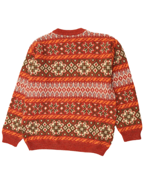Vintage męski sweter z okrągłym dekoltem XL, pomarańczowy, wełna Fair Isle Alpaca