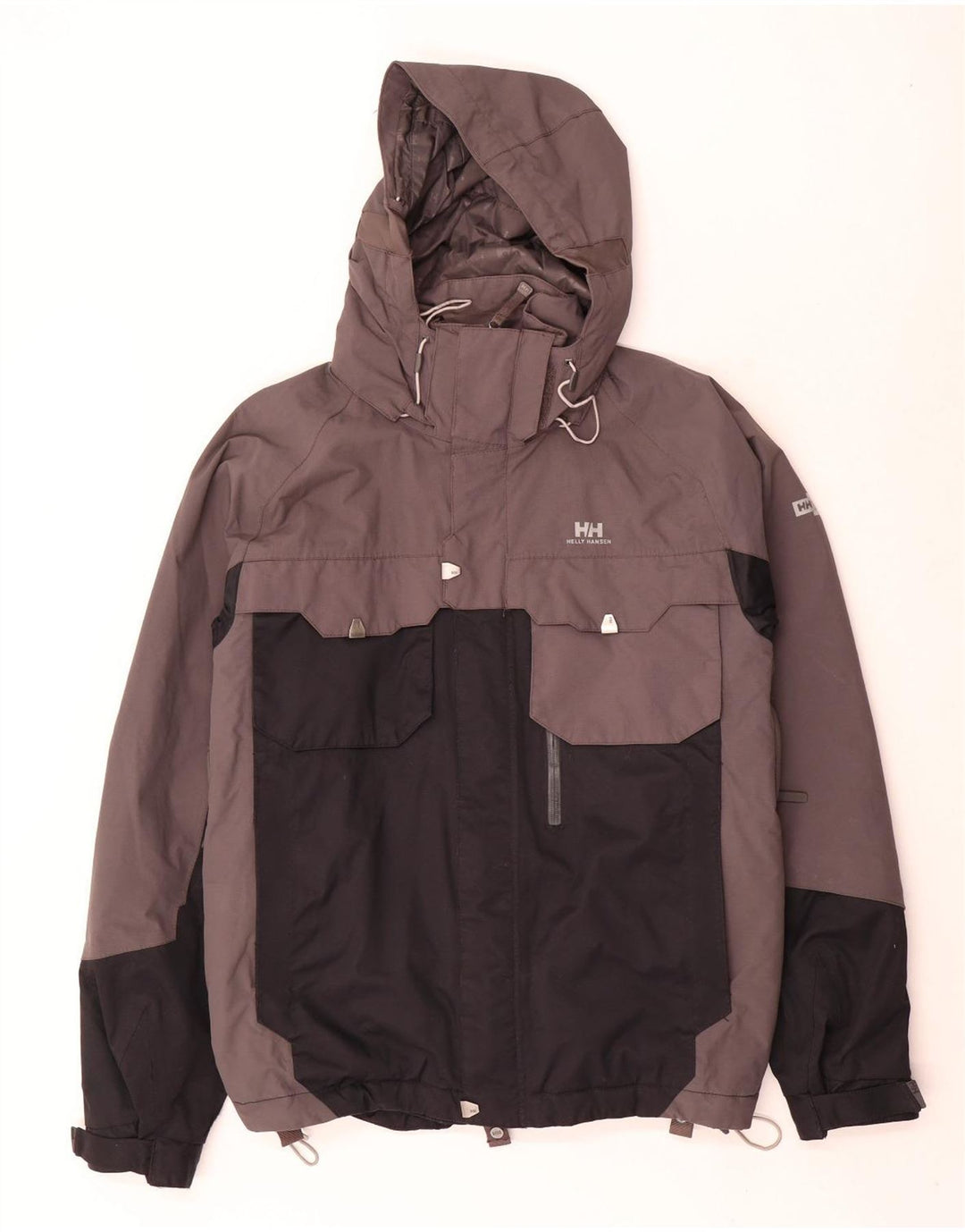 Męska kurtka narciarska Helly Hansen z kapturem UK 36, mała, szara, z blokami kolorów, poliamid