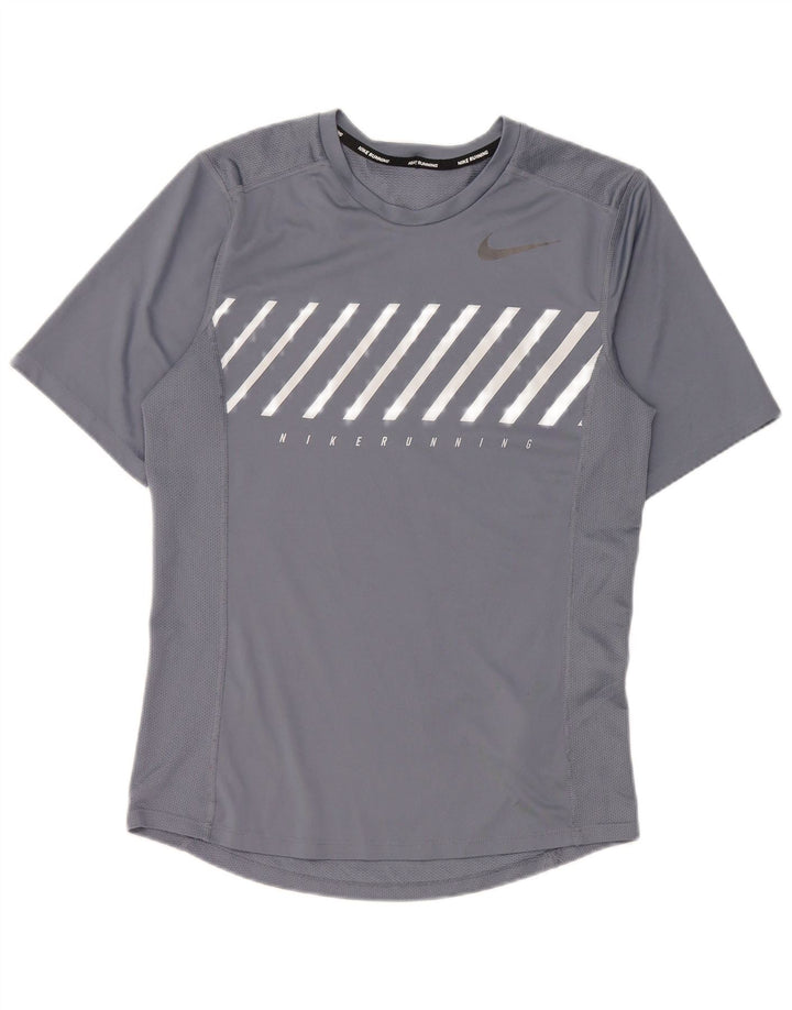 Męski T-shirt do biegania Nike z grafiką, mały, szary poliester z blokami kolorów