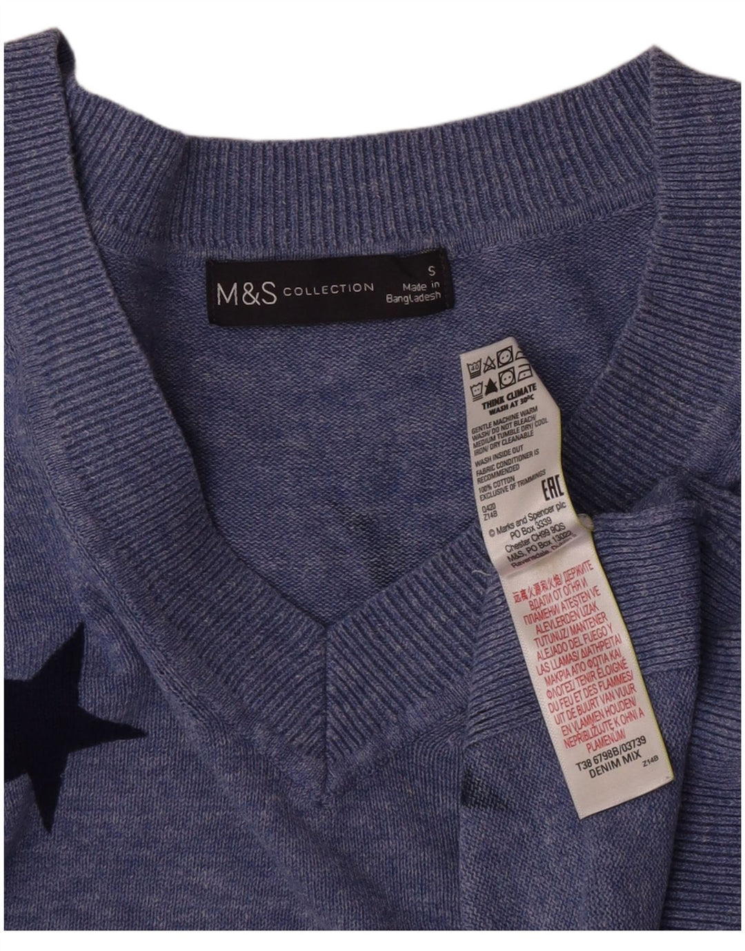 Damski sweter Marks & Spencer z graficznym dekoltem w kształcie litery V, UK 10, mały niebieski