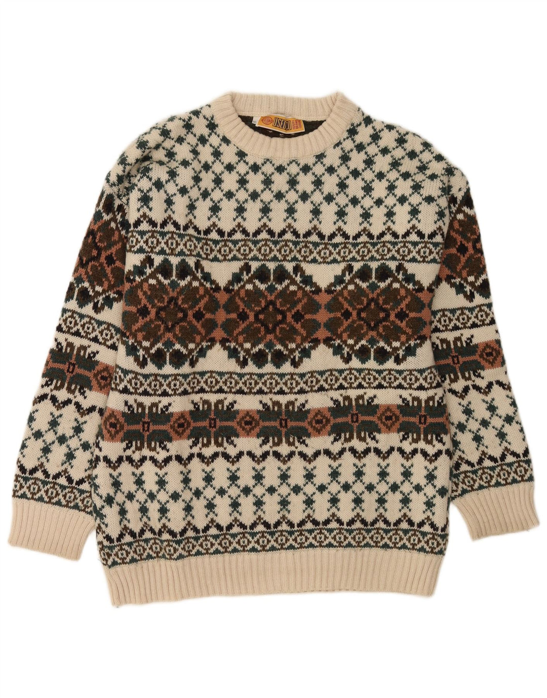 Vintage męski sweter z okrągłym dekoltem IT 50 średni biały Fair Isle Wool