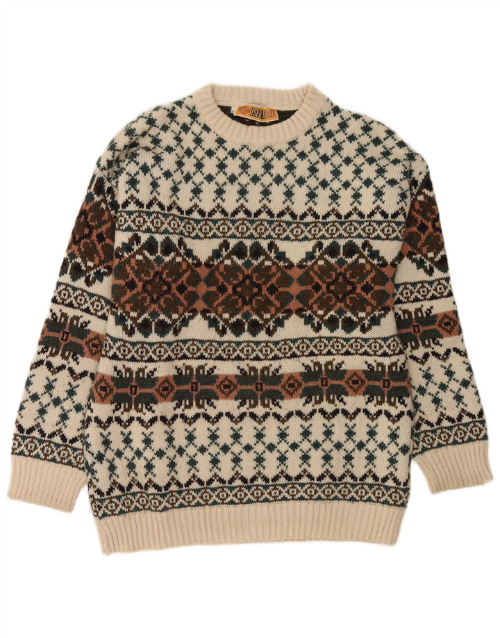Vintage męski sweter z okrągłym dekoltem IT 50 średni biały Fair Isle Wool
