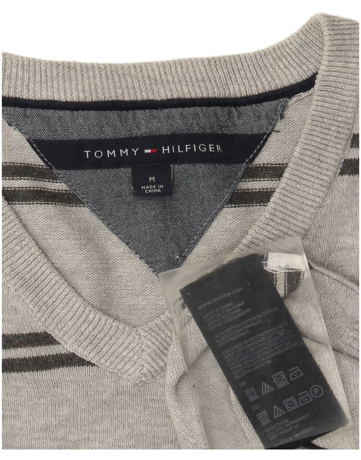 Męski sweter Tommy Hilfiger z dekoltem w kształcie litery V, bawełniany w średnie szare paski
