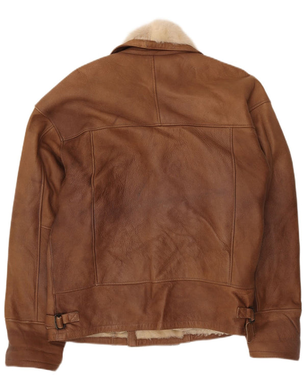 Męska kurtka shearling z podwójnymi piersiami w stylu vintage, UK 40, duży, brązowy, blok kolorów
