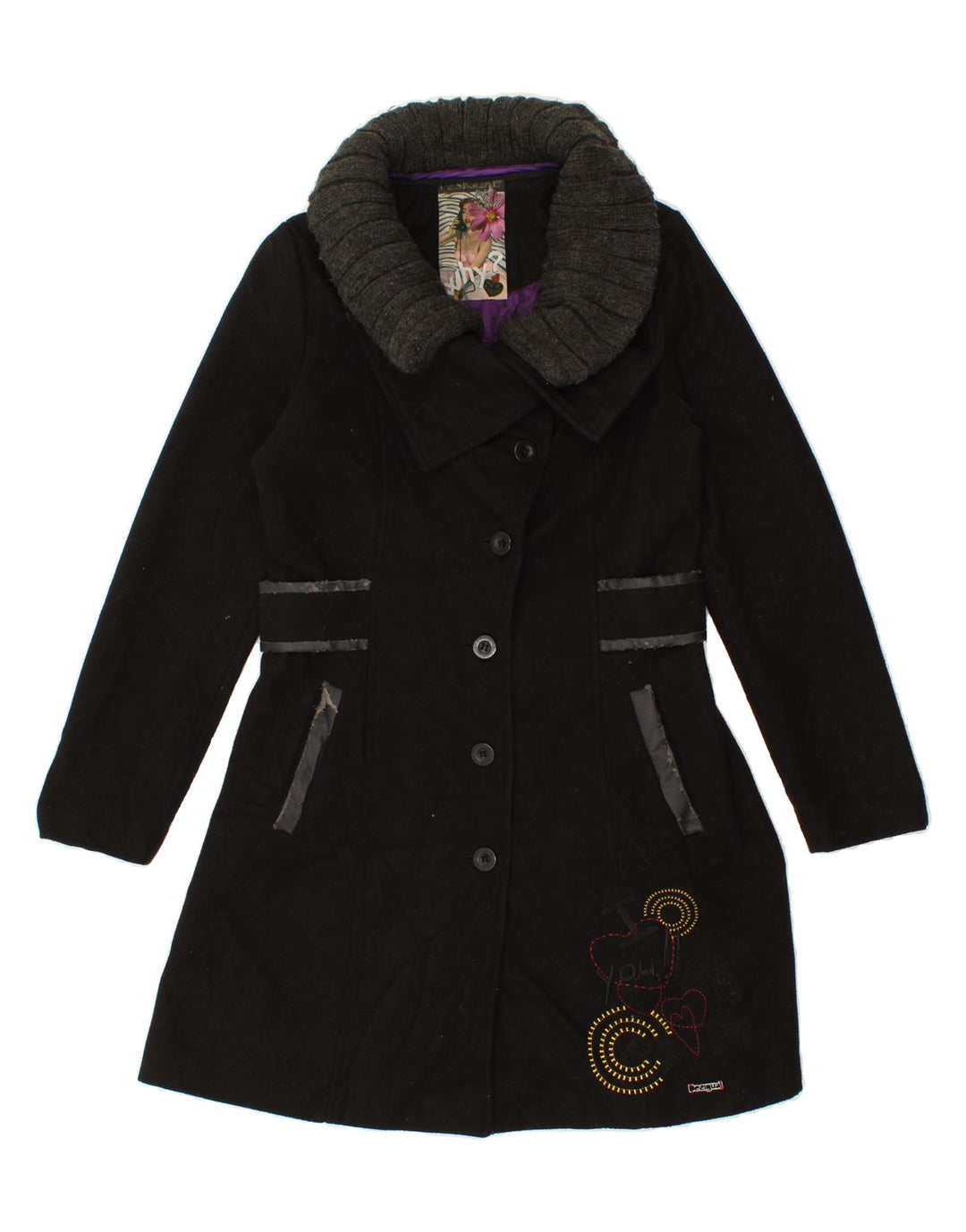 DESIGUAL Womens Overcoat EU 40 Medium Black Polyester Vintage Desigual and Second-Hand Desigual from Messina Hembry 