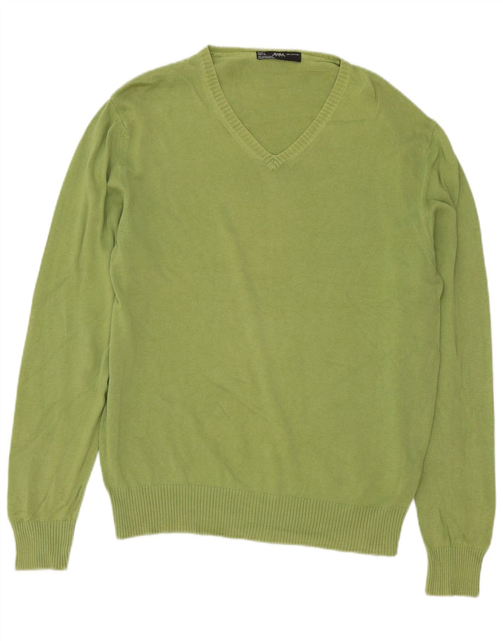 Męski sweter Zara z dekoltem w kształcie litery V, duży, zielony, bawełniany