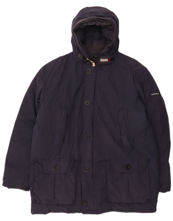 Woolrich Męski ocieplany płaszcz z kapturem UK 40, duży, granatowy, bawełniany