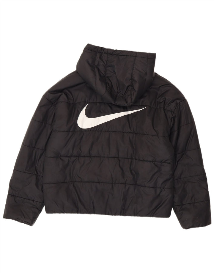 Chłopięca wyściełana kurtka z kapturem i grafiką Nike, 10-11 lat, średni czarny poliester