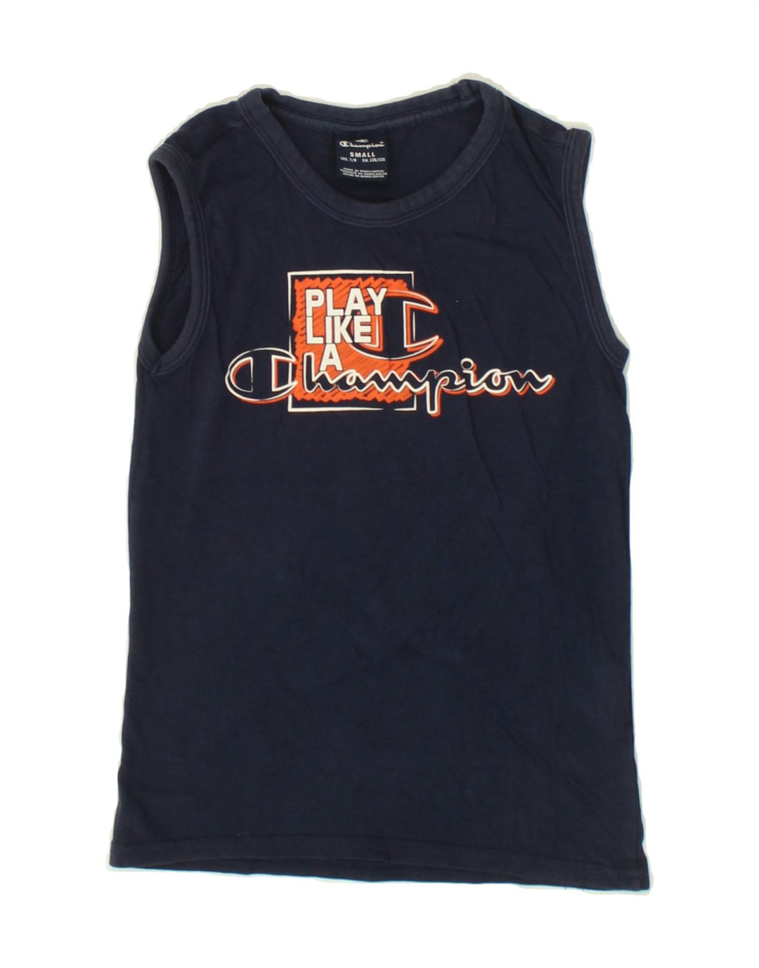 CHAMPION Boys Graphic Vest Top 7-8 Years Small Navy Blue Cotton Vintage Champion and Second-Hand Champion from Messina Hembry 