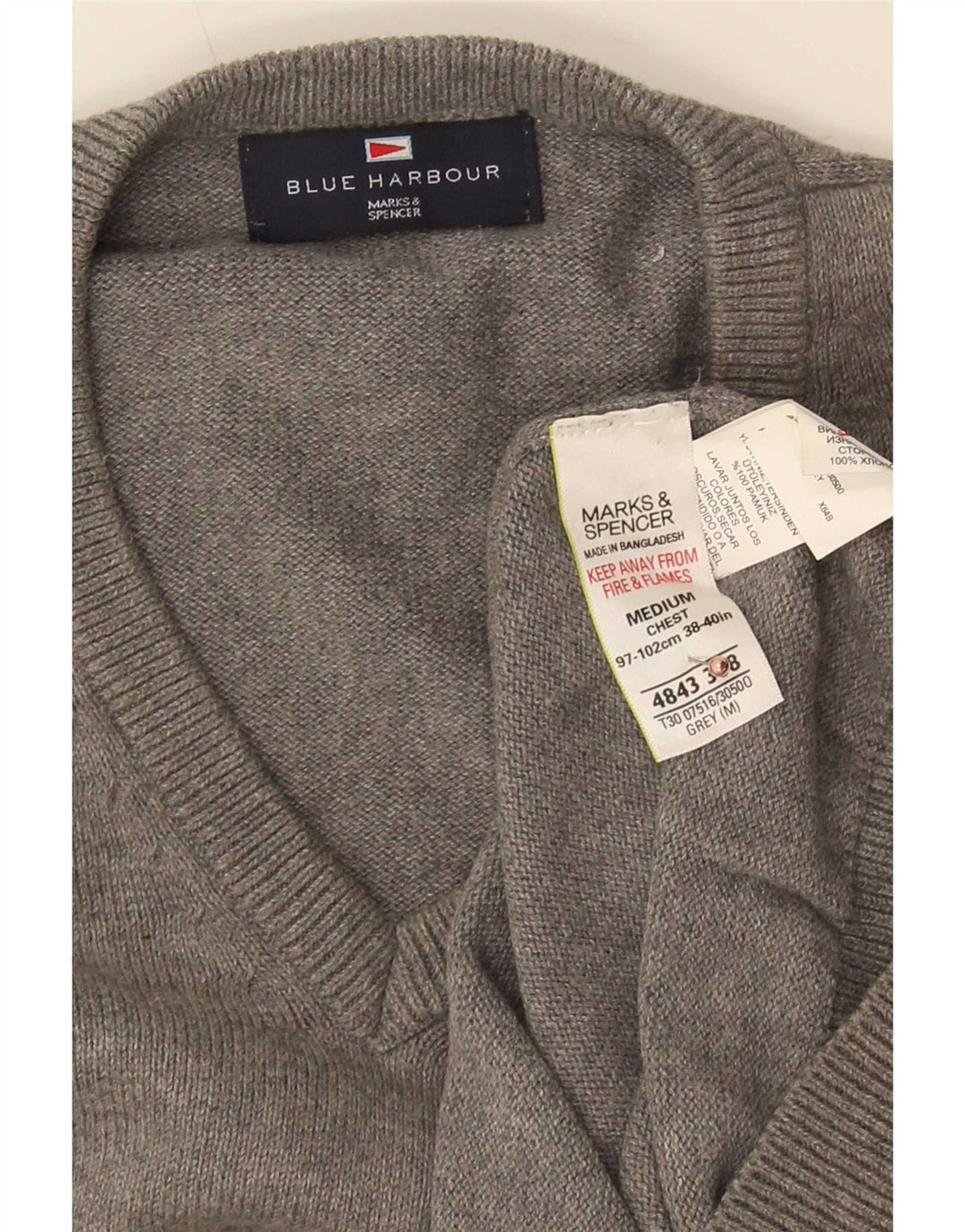 Męski sweter Marks & Spencer Blue Harbor z dekoltem w kształcie litery V, średnioszary, bawełniany