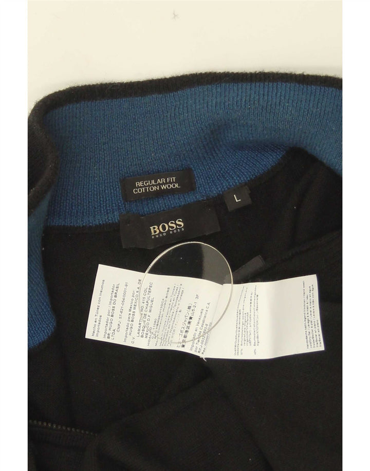 Męski sweter z zamkiem błyskawicznym Hugo Boss o regularnym kroju, duży, czarny, wełniany
