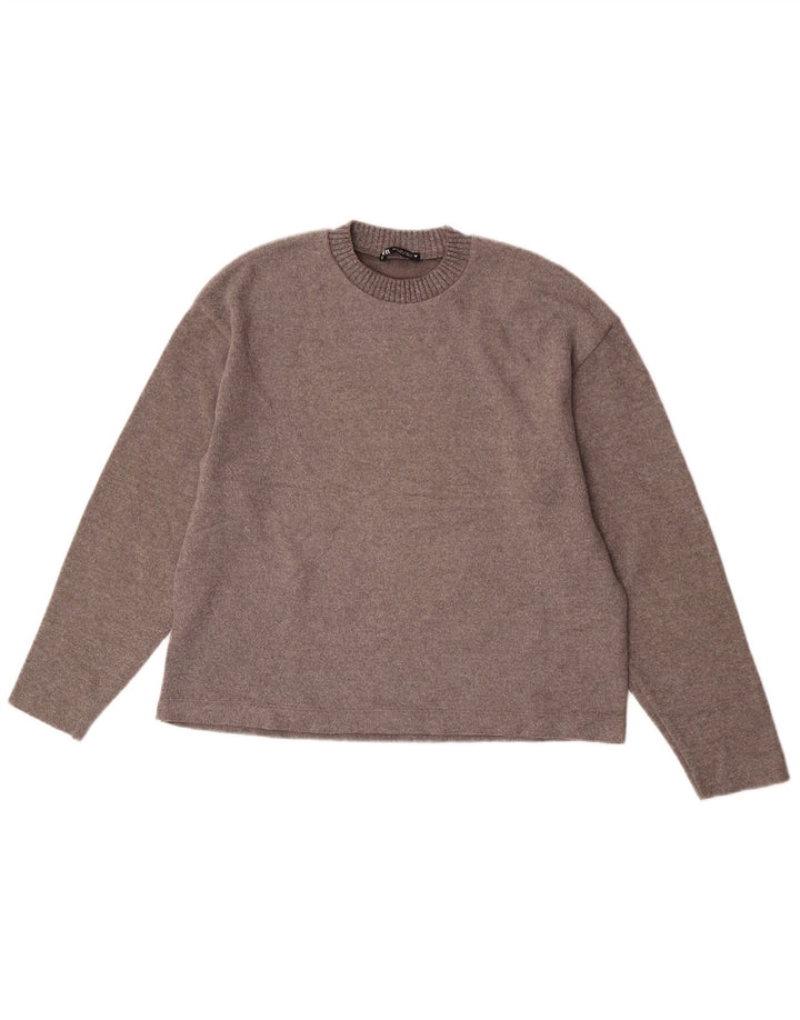 Damski sweter oversize Zara z okrągłym dekoltem, UK 10, mały, brązowy poliester