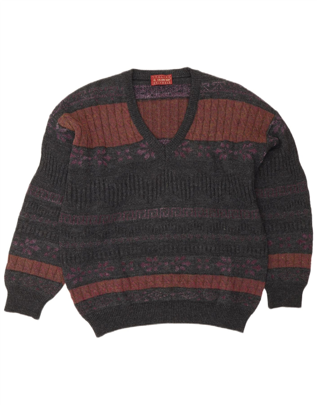 Il Granchio Męski sweter z dekoltem w kształcie litery V, duży, szary Fair Isle