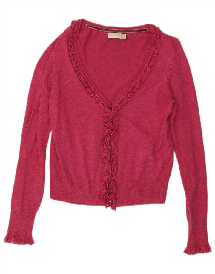 Marks & Spencer Damski sweter rozpinany z falbaną z przodu, UK 8, mały, różowy