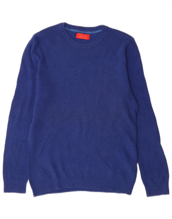 Męski sweter z okrągłym dekoltem Zara, mały, niebieski, bawełniany