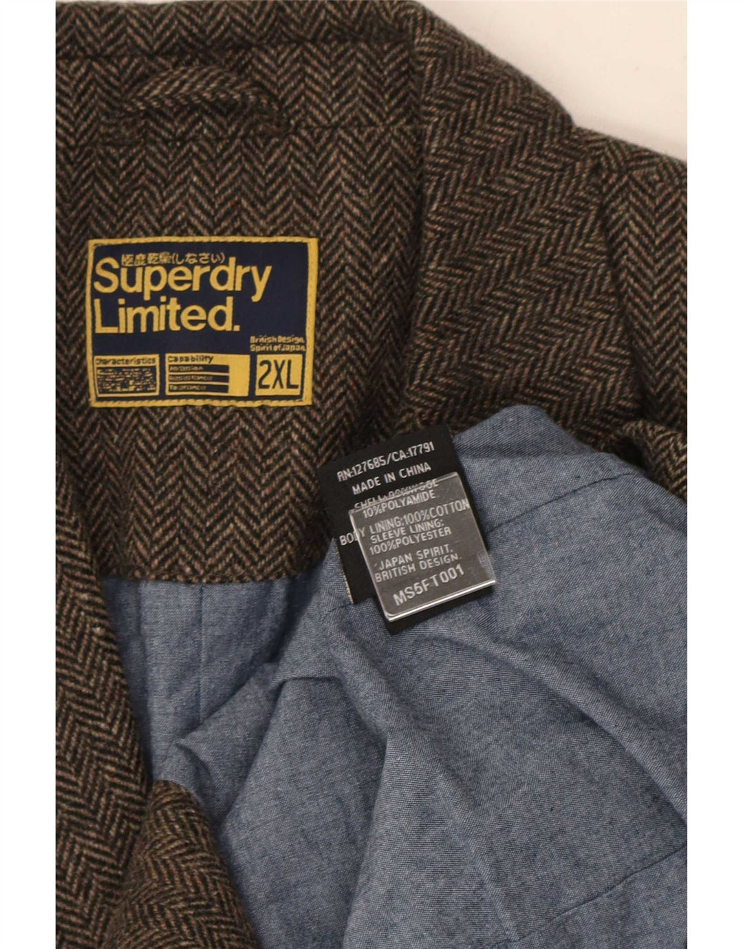 Męska marynarka zapinana na 2 guziki Superdry UK 44 2XL Brązowa, bawełniana w jodełkę