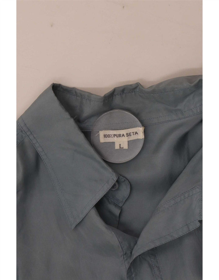 Koszula męska z krótkim rękawem w stylu vintage, duża, niebieska, jedwabna