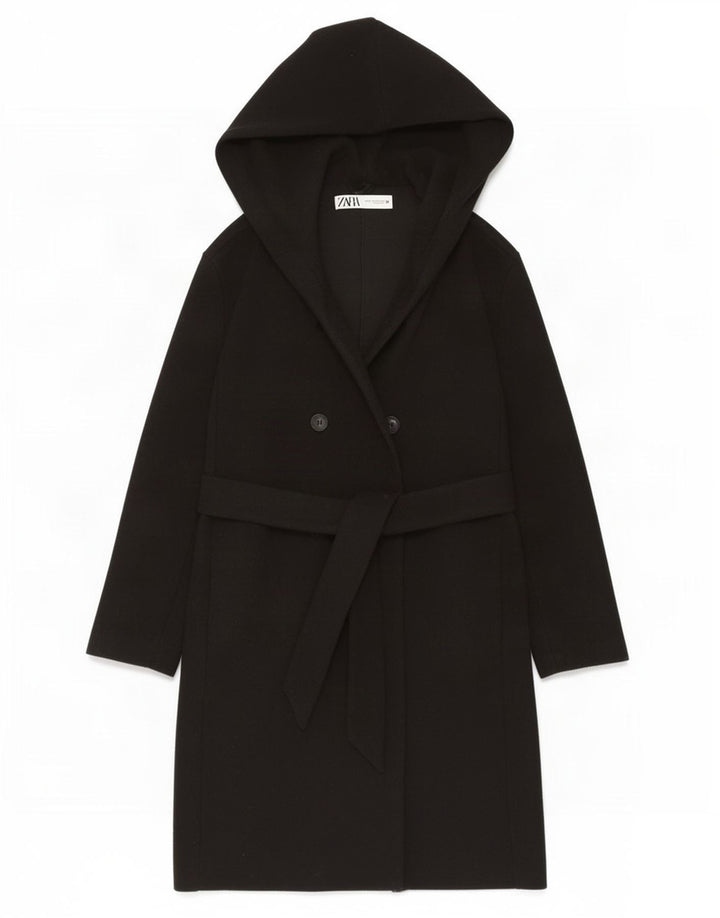 Damski płaszcz z kapturem, oversize, dwurzędowy Zara UK 6 XS, czarny poliester