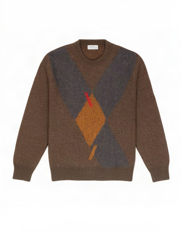 Męski sweter w stylu vintage z okrągłym dekoltem IT 52 Duży brązowy Argyle/Diament