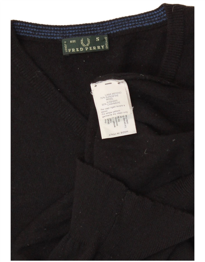 Damski sweter Fred Perry z dekoltem w kształcie litery V, UK 10, mała, czarna wełna merynosowa