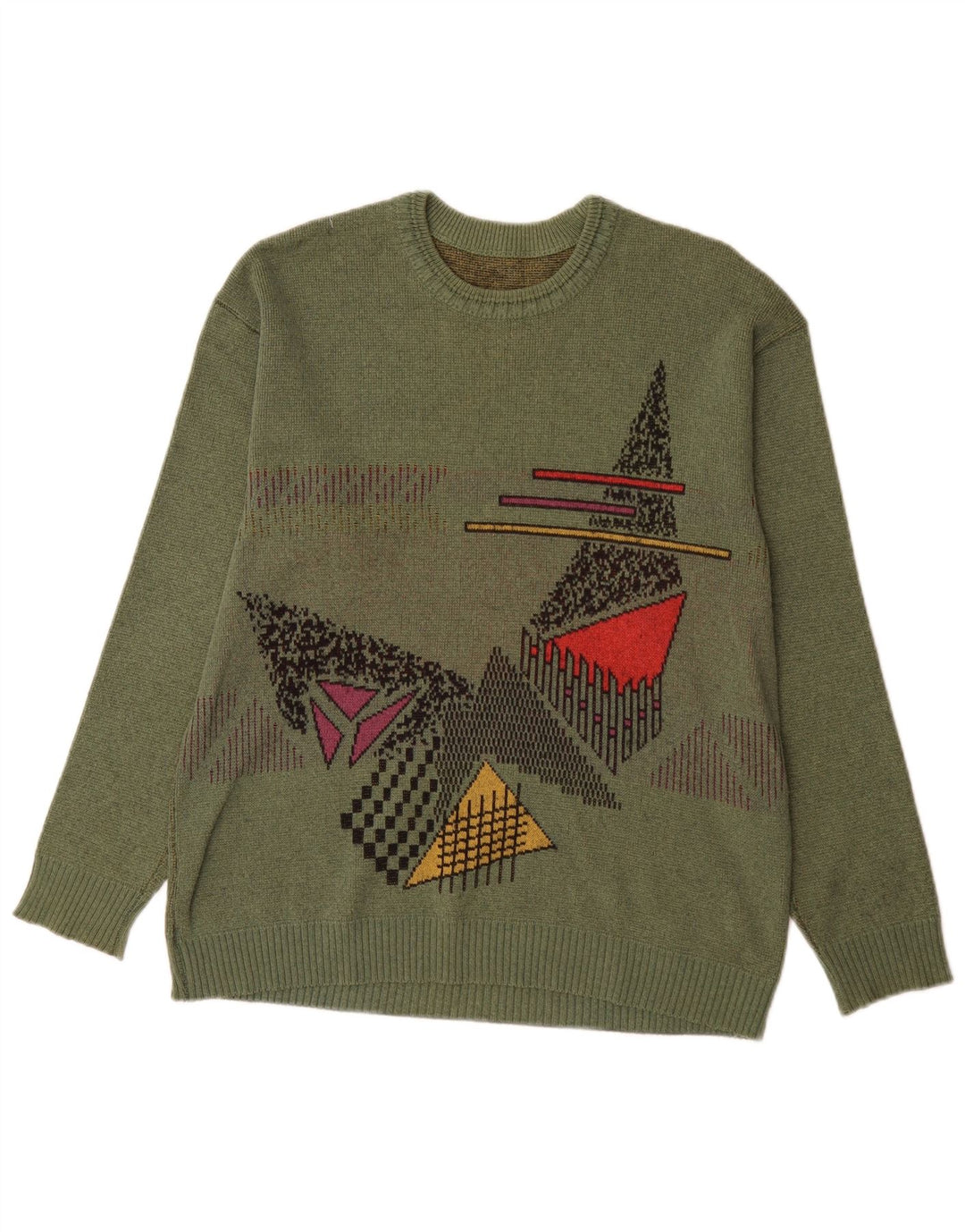 Męski sweter w stylu vintage z graficznym wycięciem pod szyją, średni khaki i geometryczny